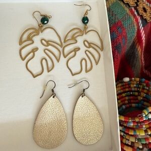 Nickel and Suede gold Leather Earrings & Gold Leaf Statement Earrings